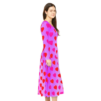 Dance Dress,  Hearts Valentine's Day Women's Long Sleeve Dress, Romantic Celebration Outfit, Love Goddess Costume, Maxi Dress - Printspirationz