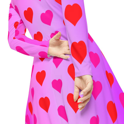 Dance Dress,  Hearts Valentine's Day Women's Long Sleeve Dress, Romantic Celebration Outfit, Love Goddess Costume, Maxi Dress - Printspirationz