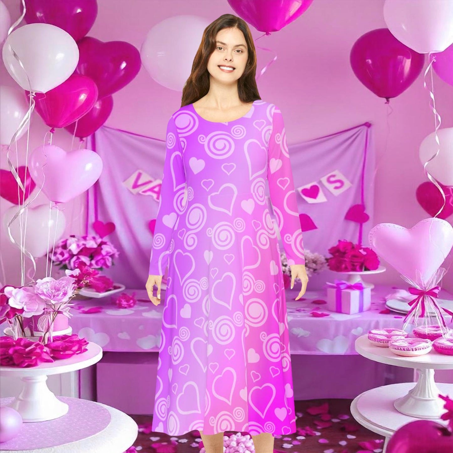 Dance Dress, Pink and Purple Hearts and Swirls Valentine's Day Women's Long Sleeve Dress, Romantic Celebration Outfit, Love Dress - Printspirationz