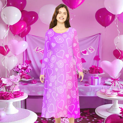 Dance Dress, Pink and Purple Hearts and Swirls Valentine's Day Women's Long Sleeve Dress, Romantic Celebration Outfit, Love Dress - Printspirationz