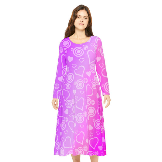 Dance Dress, Pink and Purple Hearts and Swirls Valentine's Day Women's Long Sleeve Dress, Romantic Celebration Outfit, Love Dress - Printspirationz
