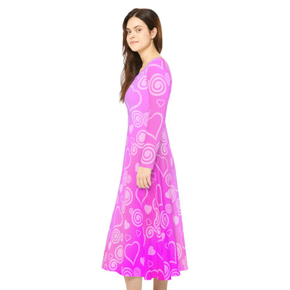 Dance Dress, Pink and Purple Hearts and Swirls Valentine's Day Women's Long Sleeve Dress, Romantic Celebration Outfit, Love Dress - Printspirationz