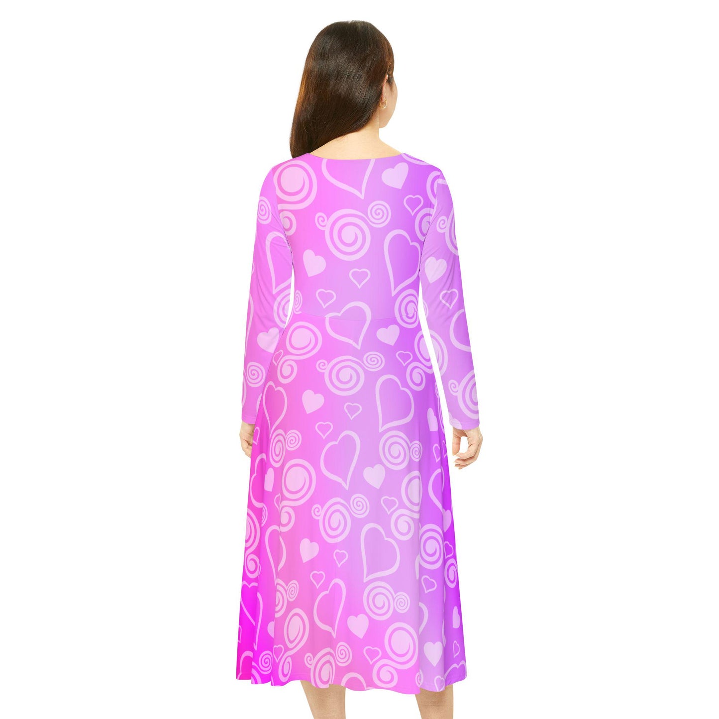 Dance Dress, Pink and Purple Hearts and Swirls Valentine's Day Women's Long Sleeve Dress, Romantic Celebration Outfit, Love Dress - Printspirationz