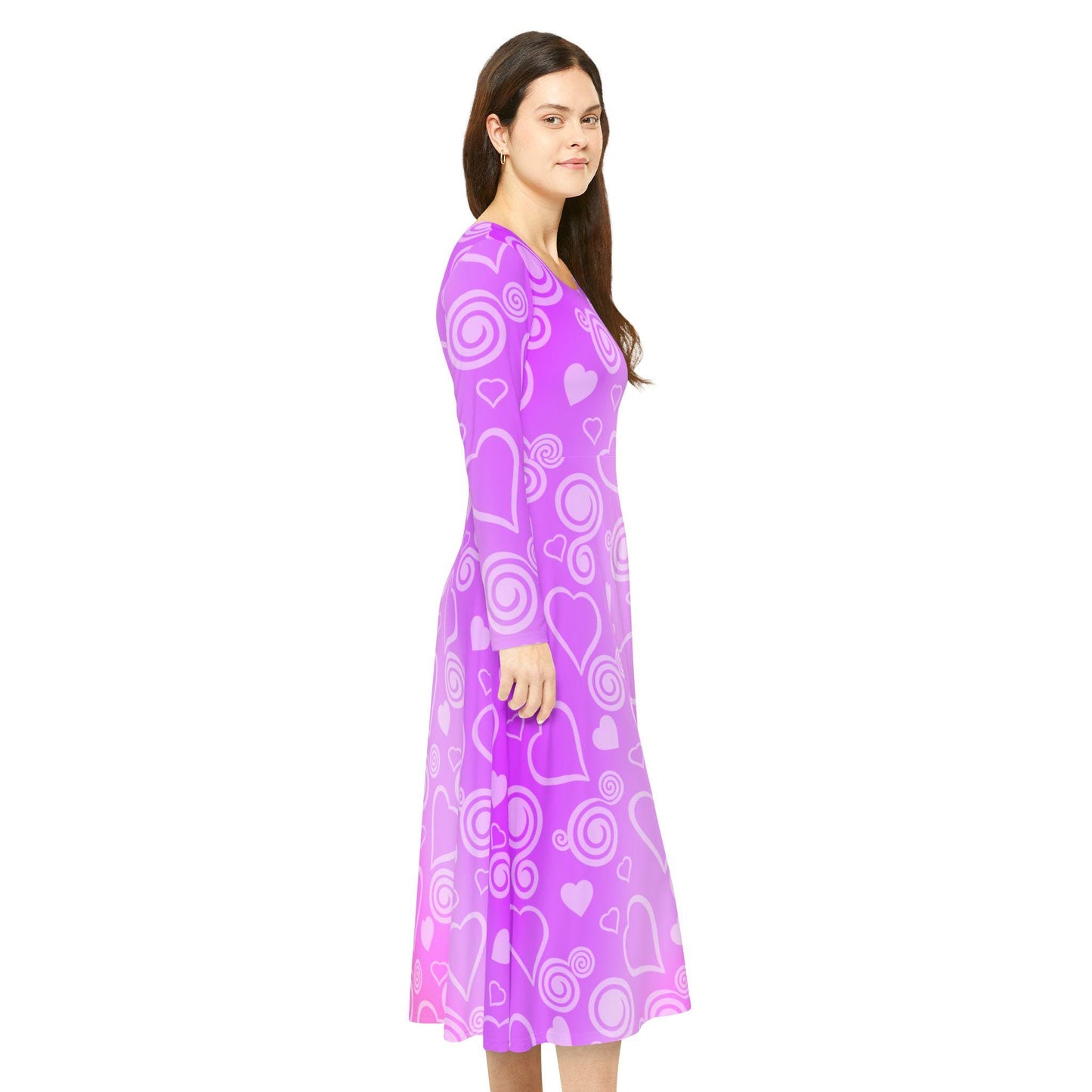 Dance Dress, Pink and Purple Hearts and Swirls Valentine's Day Women's Long Sleeve Dress, Romantic Celebration Outfit, Love Dress - Printspirationz