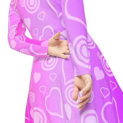 Dance Dress, Pink and Purple Hearts and Swirls Valentine's Day Women's Long Sleeve Dress, Romantic Celebration Outfit, Love Dress - Printspirationz