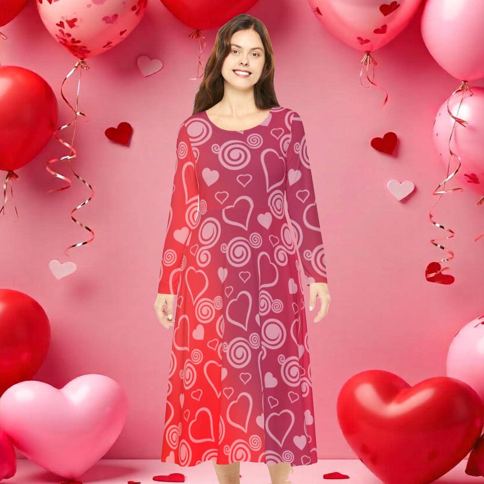 Dance Dress, Red Hearts and Swirls Valentine's Day Women's Long Sleeve Dress, Romantic Celebration Outfit, Love Dress, Holiday Maxi Dress - Printspirationz