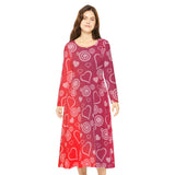 Red Hearts And Swirls Valentine's Day Women's Long Sleeve Dress, Romantic Celebration Outfit, Love Dress, Holiday Maxi Dress