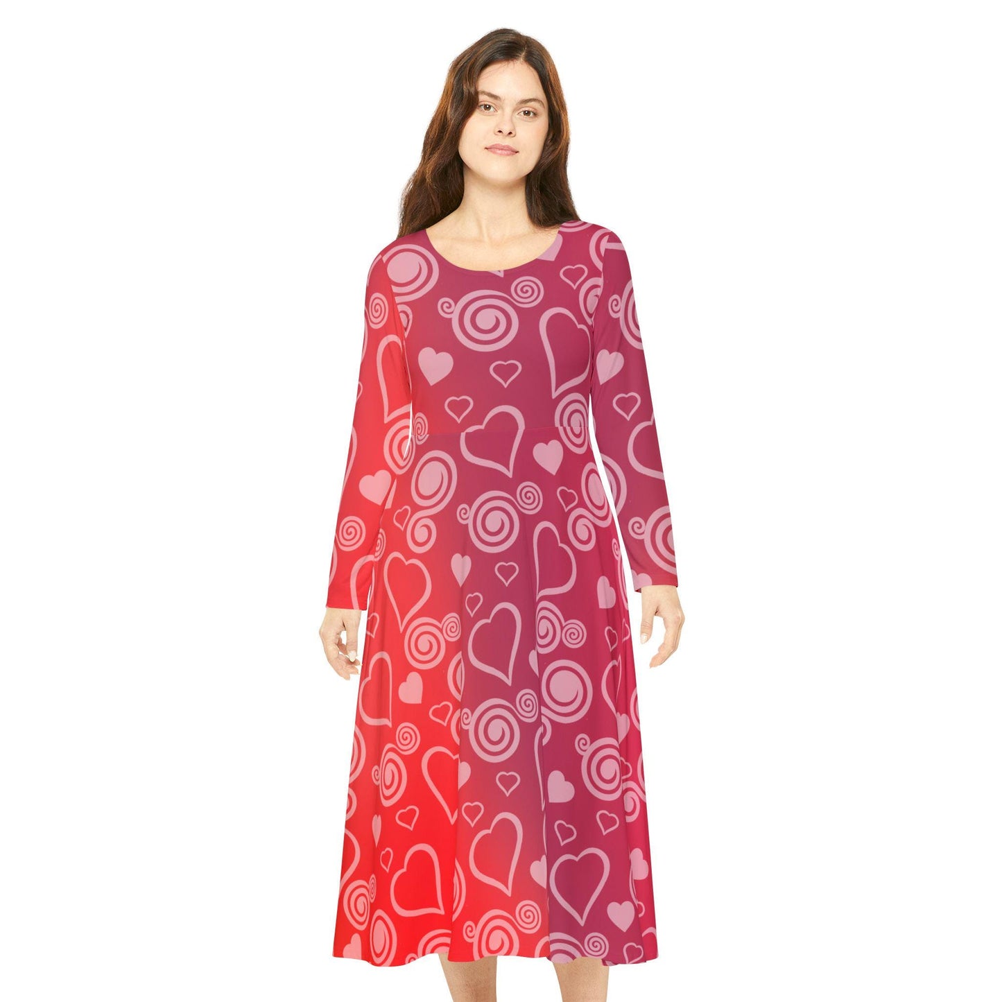 Dance Dress, Red Hearts and Swirls Valentine's Day Women's Long Sleeve Dress, Romantic Celebration Outfit, Love Dress, Holiday Maxi Dress - Printspirationz