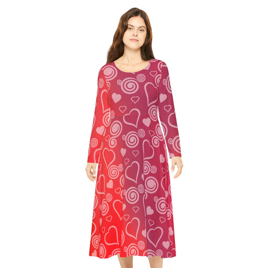 Dance Dress, Red Hearts and Swirls Valentine's Day Women's Long Sleeve Dress, Romantic Celebration Outfit, Love Dress, Holiday Maxi Dress - Printspirationz