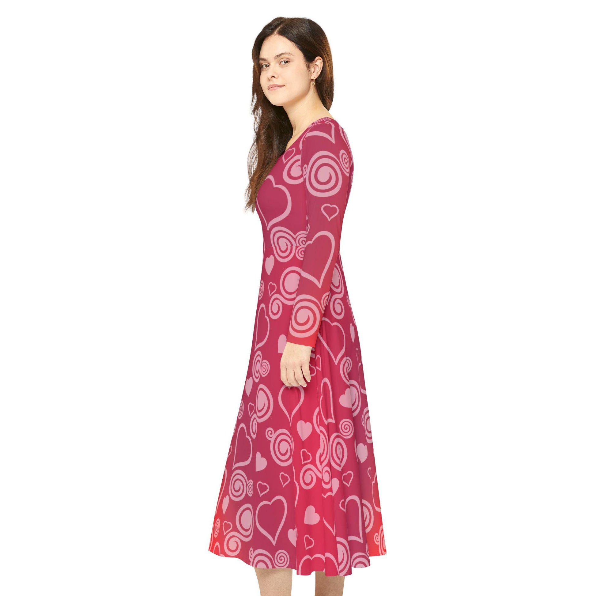 Dance Dress, Red Hearts and Swirls Valentine's Day Women's Long Sleeve Dress, Romantic Celebration Outfit, Love Dress, Holiday Maxi Dress - Printspirationz