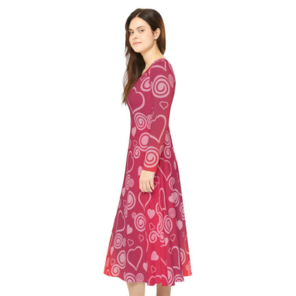 Dance Dress, Red Hearts and Swirls Valentine's Day Women's Long Sleeve Dress, Romantic Celebration Outfit, Love Dress, Holiday Maxi Dress - Printspirationz