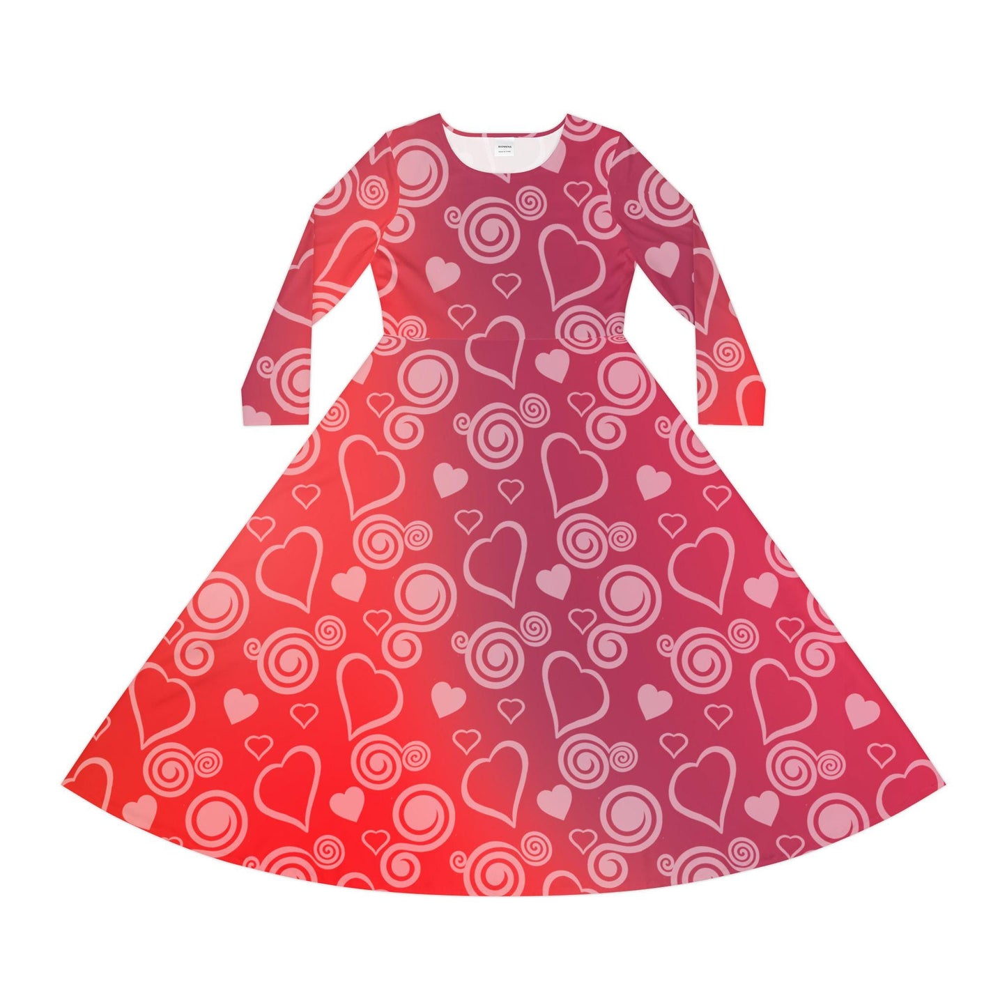 Dance Dress, Red Hearts and Swirls Valentine's Day Women's Long Sleeve Dress, Romantic Celebration Outfit, Love Dress, Holiday Maxi Dress - Printspirationz