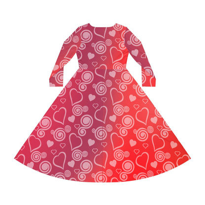 Dance Dress, Red Hearts and Swirls Valentine's Day Women's Long Sleeve Dress, Romantic Celebration Outfit, Love Dress, Holiday Maxi Dress - Printspirationz