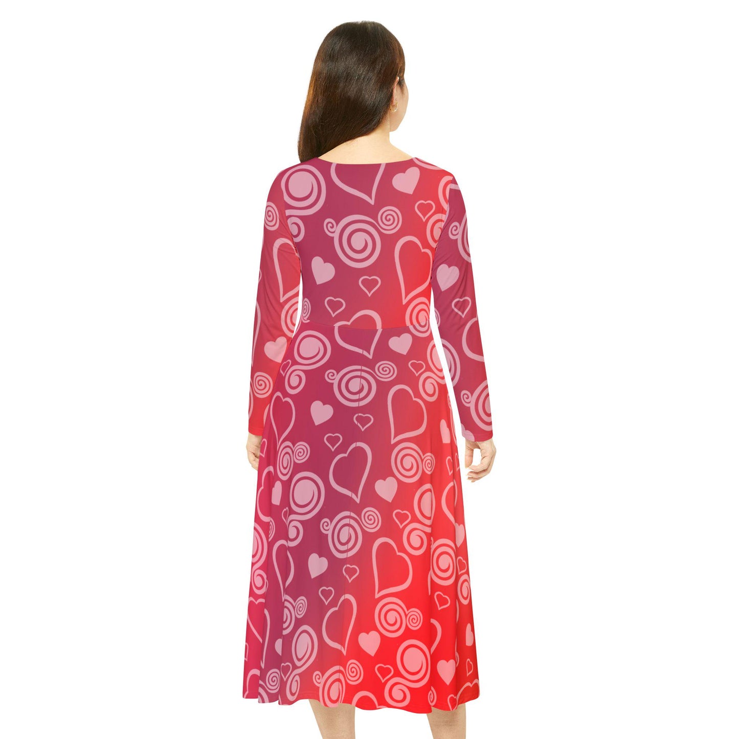 Dance Dress, Red Hearts and Swirls Valentine's Day Women's Long Sleeve Dress, Romantic Celebration Outfit, Love Dress, Holiday Maxi Dress - Printspirationz