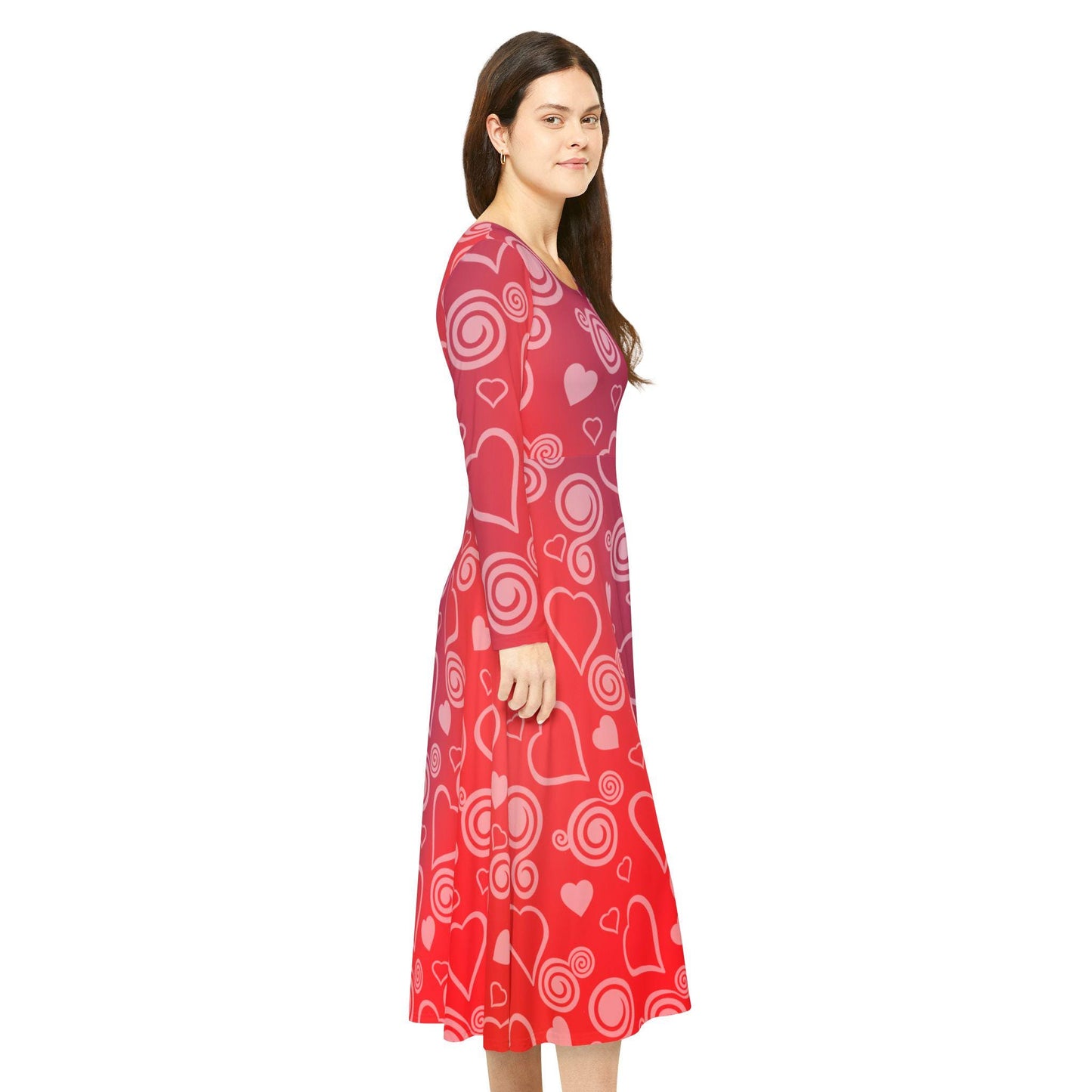 Dance Dress, Red Hearts and Swirls Valentine's Day Women's Long Sleeve Dress, Romantic Celebration Outfit, Love Dress, Holiday Maxi Dress - Printspirationz