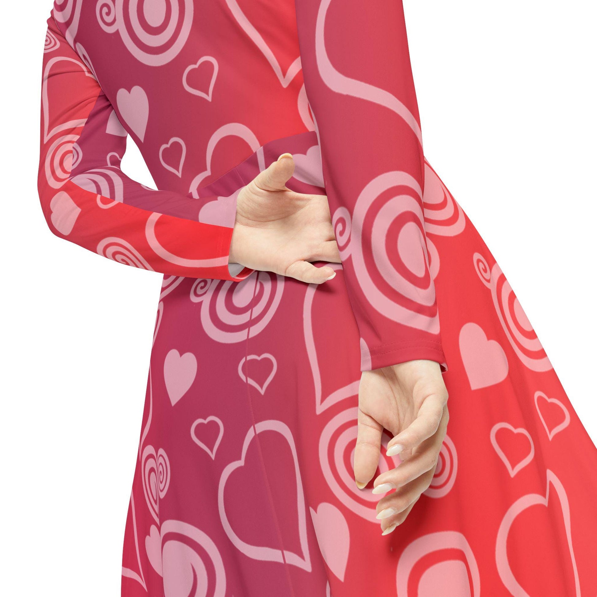 Dance Dress, Red Hearts and Swirls Valentine's Day Women's Long Sleeve Dress, Romantic Celebration Outfit, Love Dress, Holiday Maxi Dress - Printspirationz