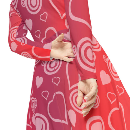 Dance Dress, Red Hearts and Swirls Valentine's Day Women's Long Sleeve Dress, Romantic Celebration Outfit, Love Dress, Holiday Maxi Dress - Printspirationz