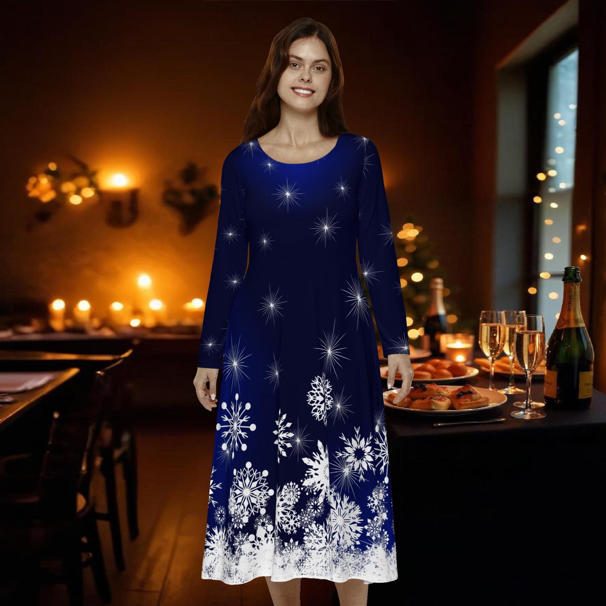 Elegant Snowflake Dance Dress for Women, Holiday Party Dress, Festive Long Sleeve Dress, Modest Winter Outfit for Christmas & New Year's Eve - Printspirationz