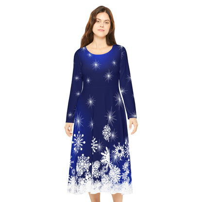 Elegant Snowflake Dance Dress for Women, Holiday Party Dress, Festive Long Sleeve Dress, Modest Winter Outfit for Christmas & New Year's Eve - Printspirationz