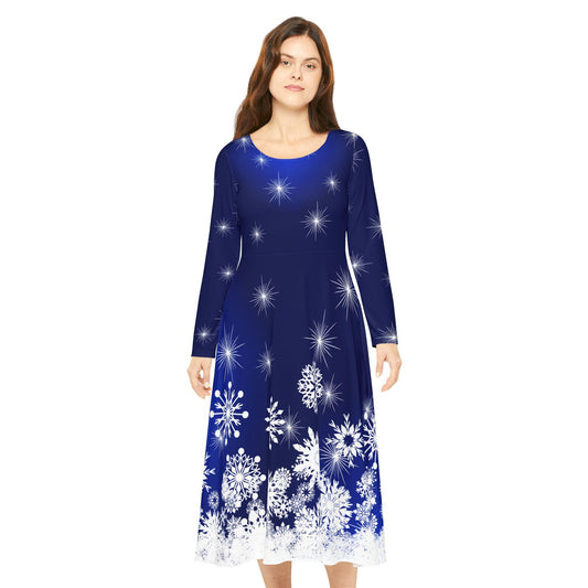 Elegant Snowflake Dance Dress for Women, Holiday Party Dress, Festive Long Sleeve Dress, Modest Winter Outfit for Christmas & New Year's Eve - Printspirationz