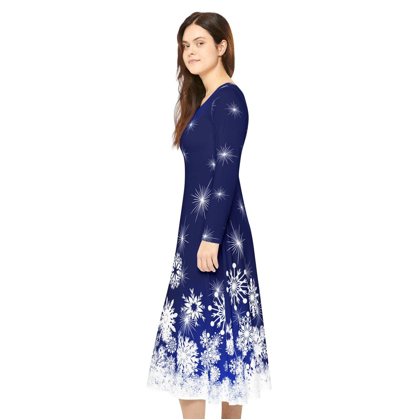 Elegant Snowflake Dance Dress for Women, Holiday Party Dress, Festive Long Sleeve Dress, Modest Winter Outfit for Christmas & New Year's Eve - Printspirationz