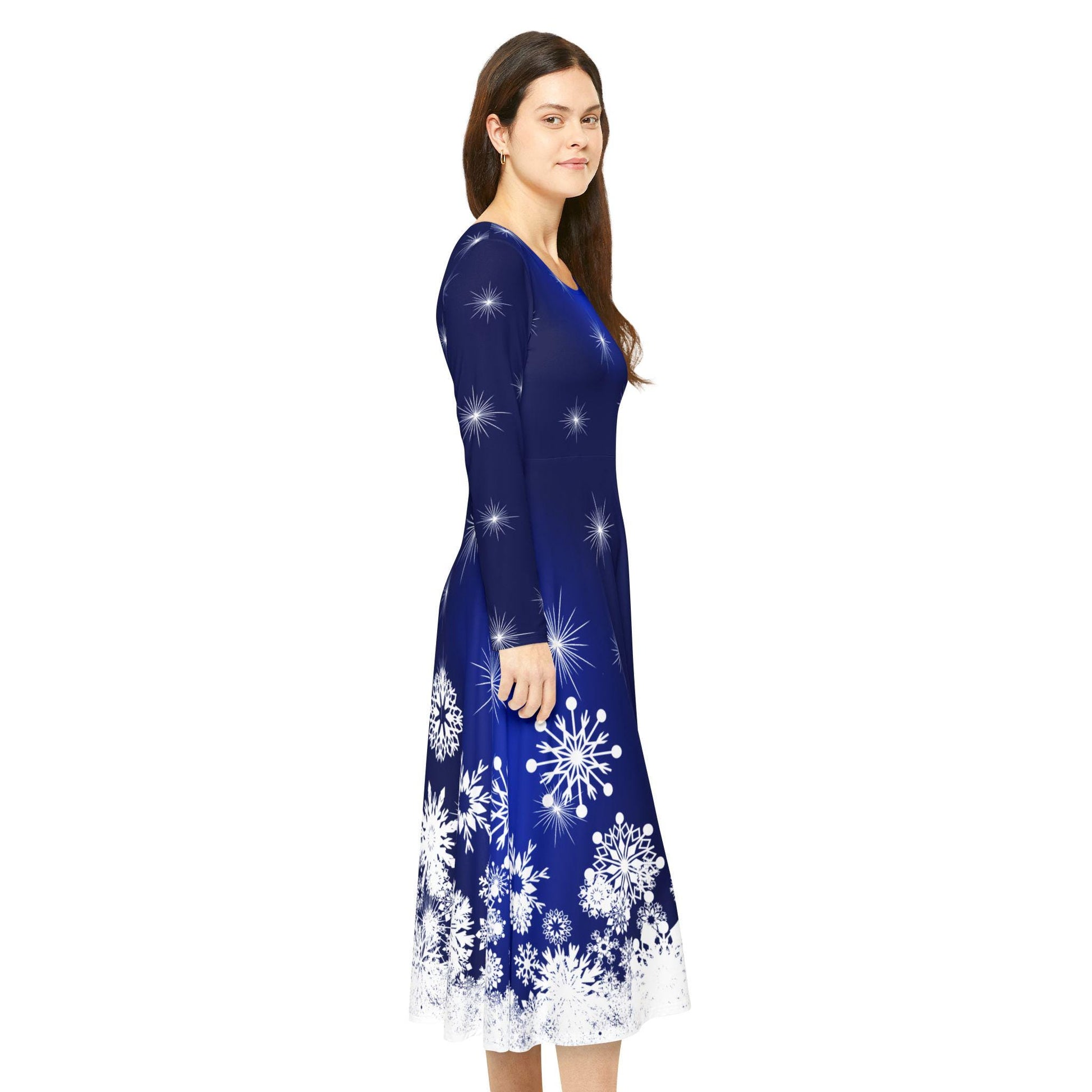 Elegant Snowflake Dance Dress for Women, Holiday Party Dress, Festive Long Sleeve Dress, Modest Winter Outfit for Christmas & New Year's Eve - Printspirationz