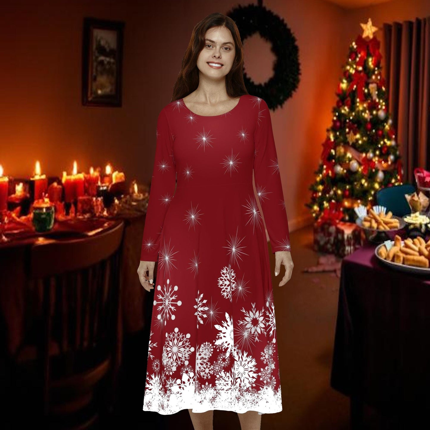 Elegant Snowflake Dance Dress for Women, Holiday Party Dress, Long Sleeve Dress, Modest Winter Outfit, Christmas & New Year's Eve Maxi Dress - Printspirationz