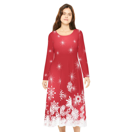 Elegant Snowflake Dance Dress for Women, Holiday Party Dress, Long Sleeve Dress, Modest Winter Outfit, Christmas & New Year's Eve Maxi Dress - Printspirationz