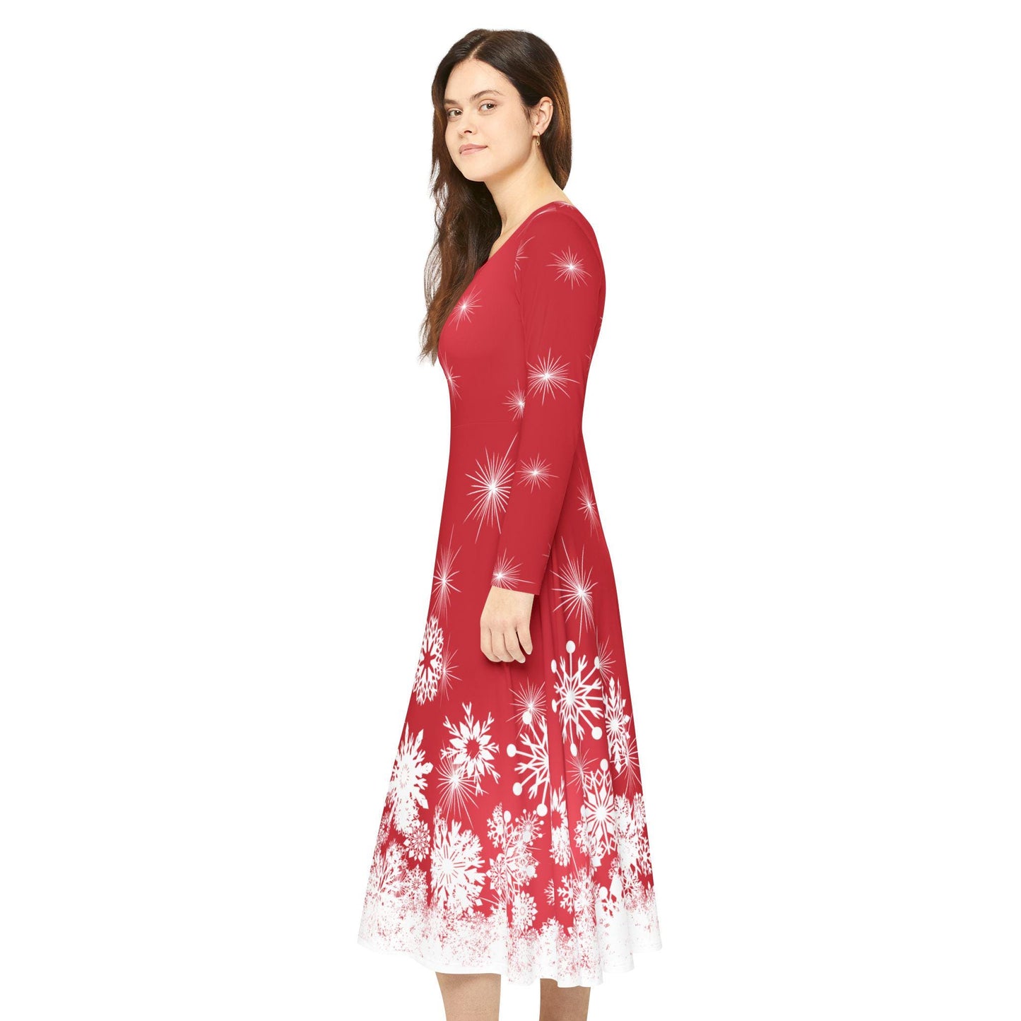 Elegant Snowflake Dance Dress for Women, Holiday Party Dress, Long Sleeve Dress, Modest Winter Outfit, Christmas & New Year's Eve Maxi Dress - Printspirationz