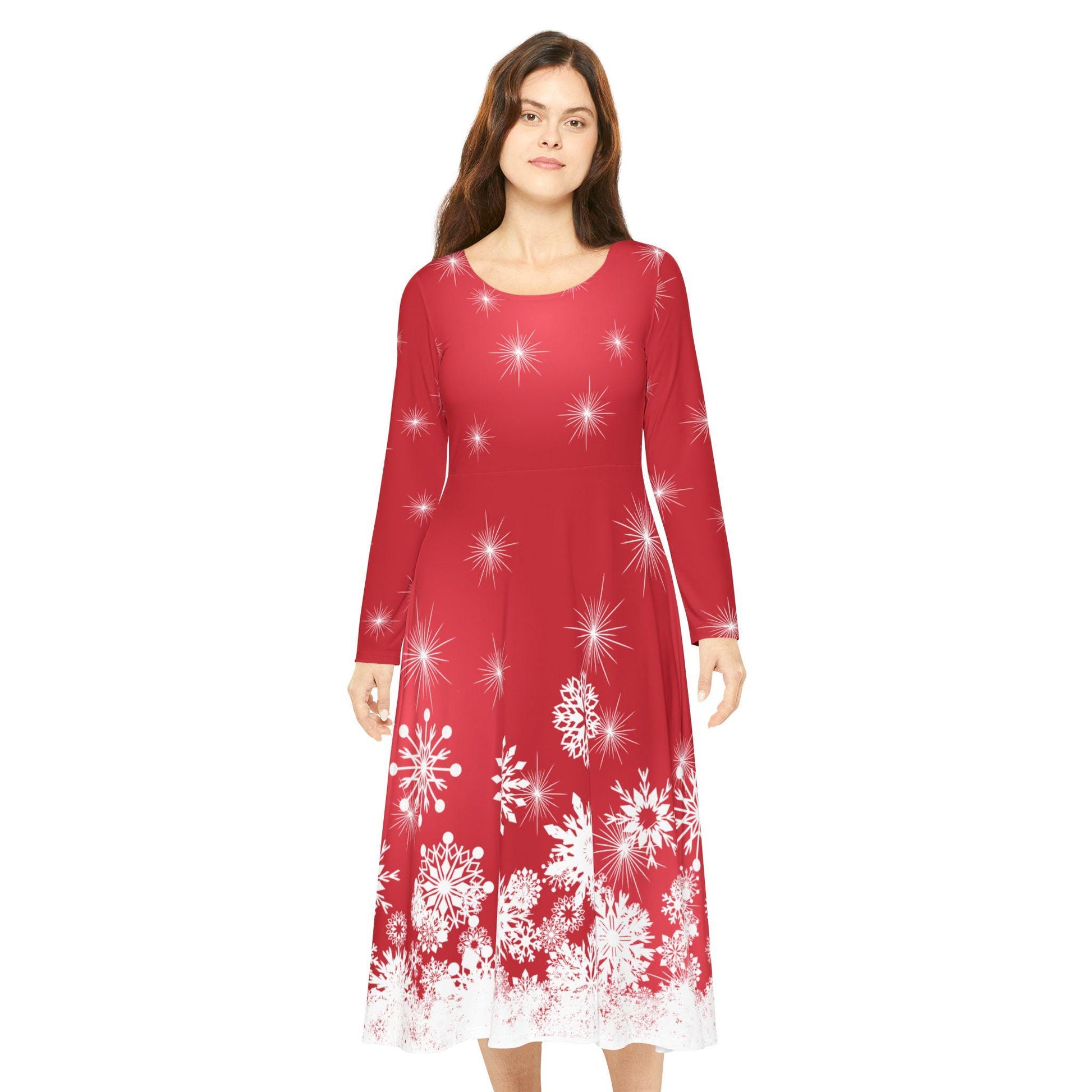 Elegant Snowflake Dance Dress for Women, Holiday Party Dress, Long Sleeve Dress, Modest Winter Outfit, Christmas & New Year's Eve Maxi Dress - Printspirationz