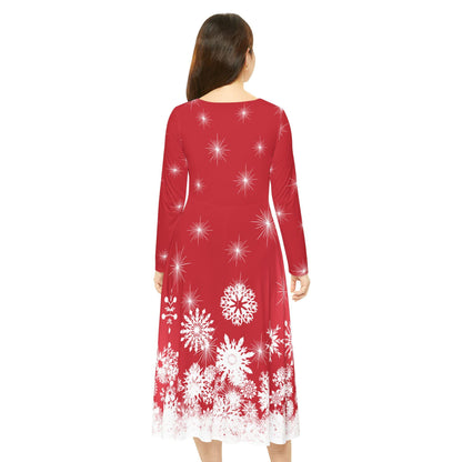 Elegant Snowflake Dance Dress for Women, Holiday Party Dress, Long Sleeve Dress, Modest Winter Outfit, Christmas & New Year's Eve Maxi Dress - Printspirationz