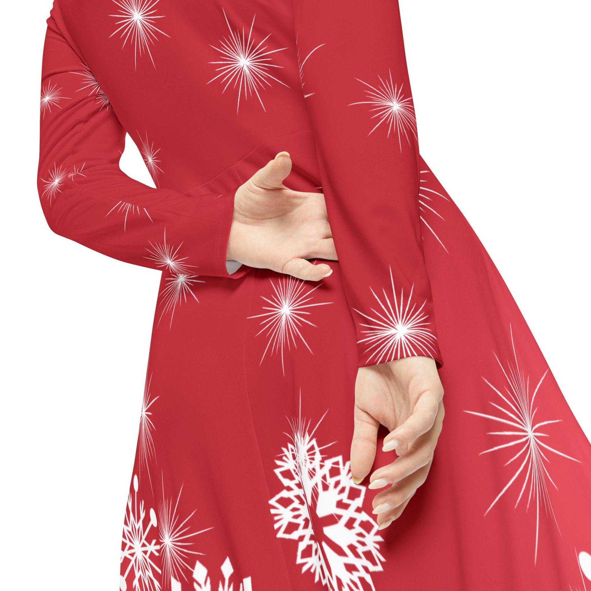Elegant Snowflake Dance Dress for Women, Holiday Party Dress, Long Sleeve Dress, Modest Winter Outfit, Christmas & New Year's Eve Maxi Dress - Printspirationz