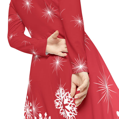 Elegant Snowflake Dance Dress for Women, Holiday Party Dress, Long Sleeve Dress, Modest Winter Outfit, Christmas & New Year's Eve Maxi Dress - Printspirationz