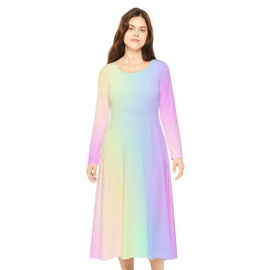 Pastel Rainbow Gradient Women's Dance Dress, Spring Easter or Mother's Day Outfit, Long Sleeve Ballet Costume, Flowy Skater Dress, Comfy - Printspirationz