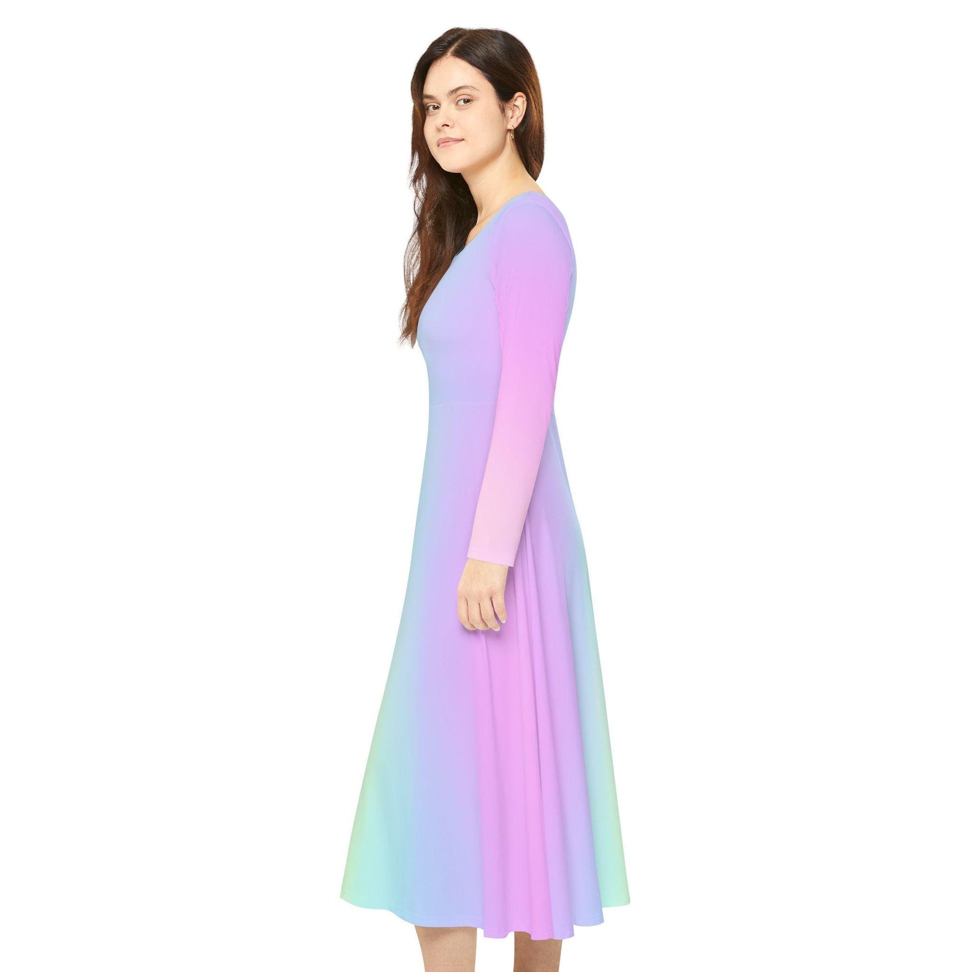 Pastel Rainbow Gradient Women's Dance Dress, Spring Easter or Mother's Day Outfit, Long Sleeve Ballet Costume, Flowy Skater Dress, Comfy - Printspirationz