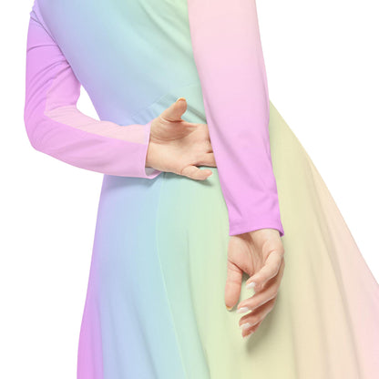 Pastel Rainbow Gradient Women's Dance Dress, Spring Easter or Mother's Day Outfit, Long Sleeve Ballet Costume, Flowy Skater Dress, Comfy - Printspirationz