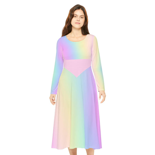 Pastel Rainbow Gradient Women's Dance Dress, Spring Easter or Mother's Day Outfit, Long Sleeve Ballet Costume, Flowy Skater Dress, Comfy - Printspirationz