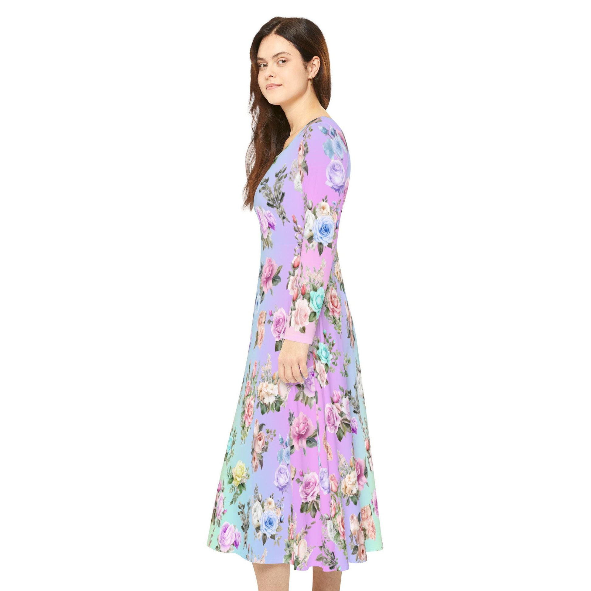 Women's Dance Dress, Pastel Rainbow Floral Design for Spring, Easter, or Mother's Day, Long Sleeve Costume Outfit Apparel, Cute Flowy Boho - Printspirationz
