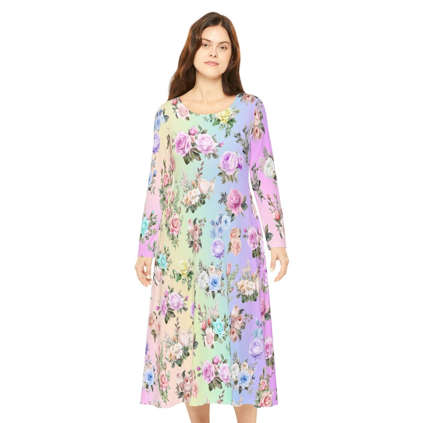 Women's Dance Dress, Pastel Rainbow Floral Design for Spring, Easter, or Mother's Day, Long Sleeve Costume Outfit Apparel, Cute Flowy Boho