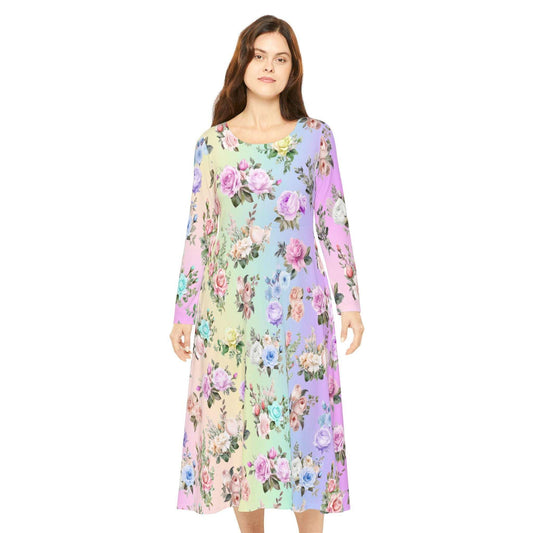 Women's Dance Dress, Pastel Rainbow Floral Design for Spring, Easter, or Mother's Day, Long Sleeve Costume Outfit Apparel, Cute Flowy Boho