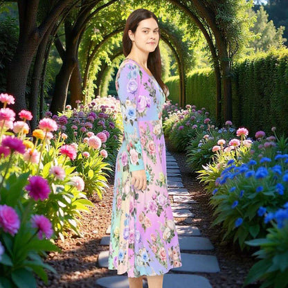 Women's Dance Dress, Pastel Rainbow Floral Design for Spring, Easter, or Mother's Day, Long Sleeve Costume Outfit Apparel, Cute Flowy Boho