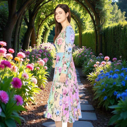 Women's Dance Dress, Pastel Rainbow Floral Design for Spring, Easter, or Mother's Day, Long Sleeve Costume Outfit Apparel, Cute Flowy Boho