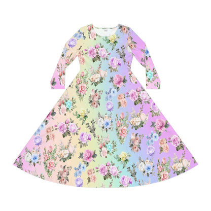 Women's Dance Dress, Pastel Rainbow Floral Design for Spring, Easter, or Mother's Day, Long Sleeve Costume Outfit Apparel, Cute Flowy Boho