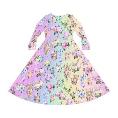 Women's Dance Dress, Pastel Rainbow Floral Design for Spring, Easter, or Mother's Day, Long Sleeve Costume Outfit Apparel, Cute Flowy Boho