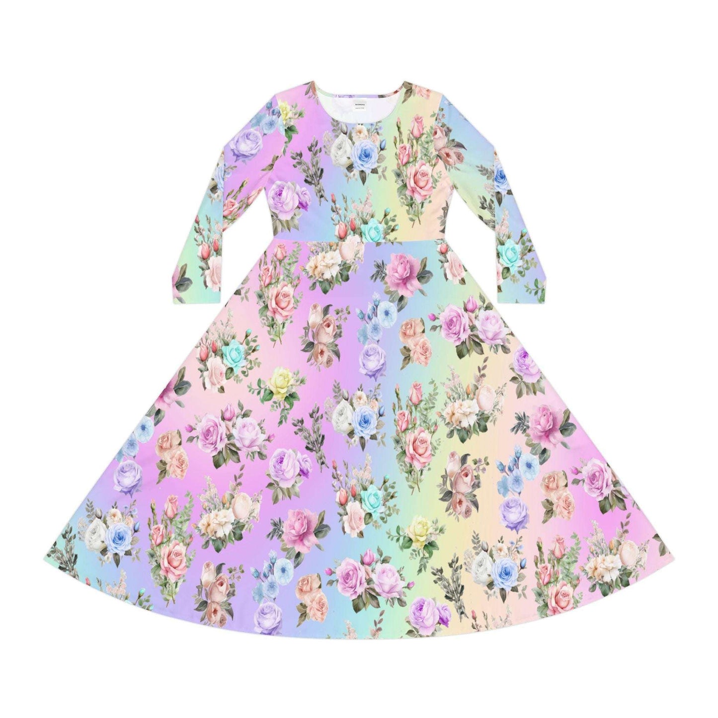 Women's Dance Dress, Pastel Rainbow Floral Design for Spring, Easter, or Mother's Day, Long Sleeve Costume Outfit Apparel, Cute Flowy Boho