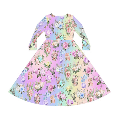 Women's Dance Dress, Pastel Rainbow Floral Design for Spring, Easter, or Mother's Day, Long Sleeve Costume Outfit Apparel, Cute Flowy Boho