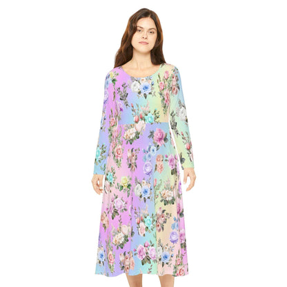 Women's Dance Dress, Pastel Rainbow Floral Design for Spring, Easter, or Mother's Day, Long Sleeve Costume Outfit Apparel, Cute Flowy Boho