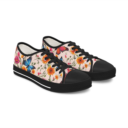 Womens Low Top Sneakers with Floral Butterfly Design, Casual Lace Up Canvas Shoes for Spring and Summer Outfits - Printspirationz