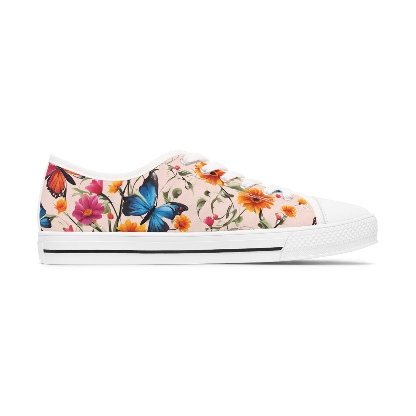 Womens Low Top Sneakers with Floral Butterfly Design, Casual Lace Up Canvas Shoes for Spring and Summer Outfits - Printspirationz