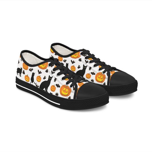 Womens Low Top Sneakers with Pumpkins Bats and Black Kitty Cat Pattern, Casual Halloween Lace Up Canvas Shoes for Fall Outfits - Printspirationz